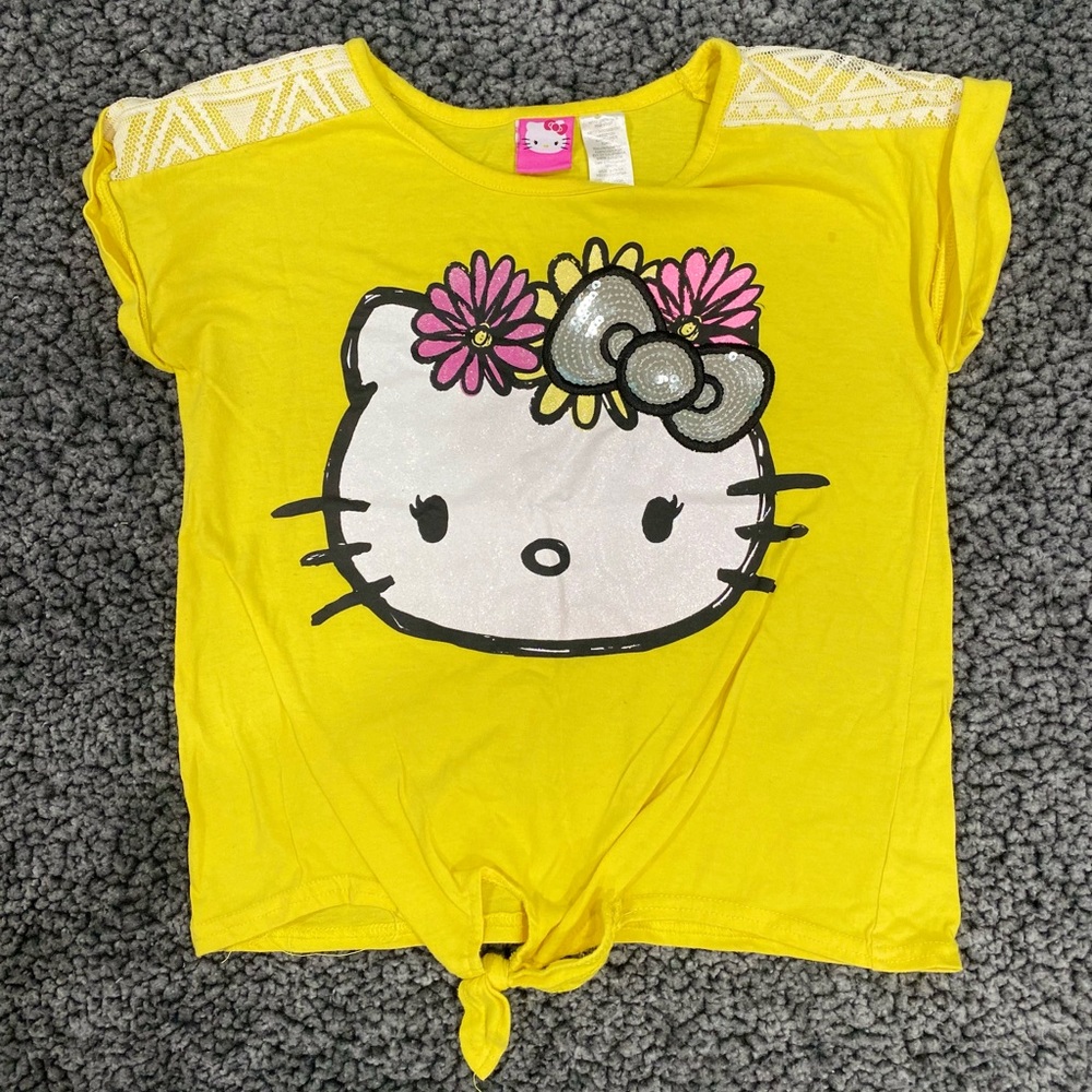 Girls Hello Kitty Tie Front Spring Yellow Sequin T-Shirt Top Size L/G 10-12